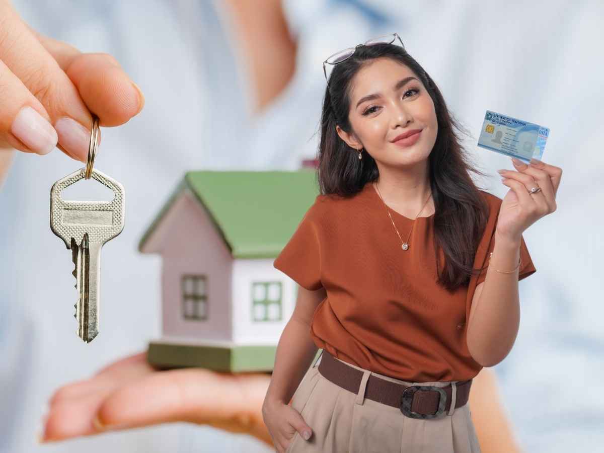 sfondo acquisto casa primo piano onna che mostra carta d'ientità
