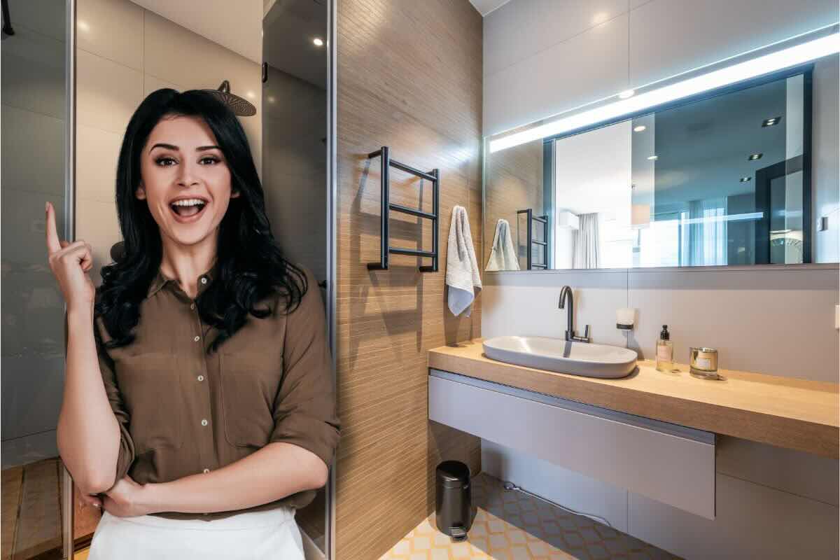 Donna idea, bagno arredato dietro di lei