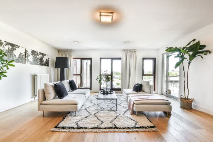 casa luminosa con finestre, piante e parquet
