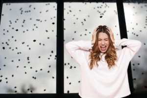 finestra piena di insetti e donna che urla