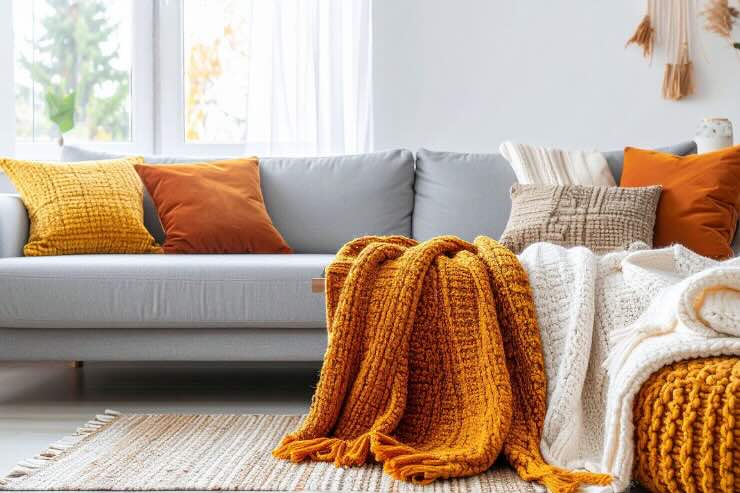 divano con plaid arancio e bianco 