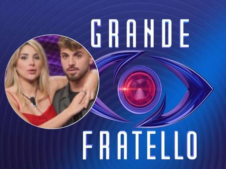 sfondo logo grande fratello e Chiara Cainelli e Alfonso D’Apice in un cerchietto