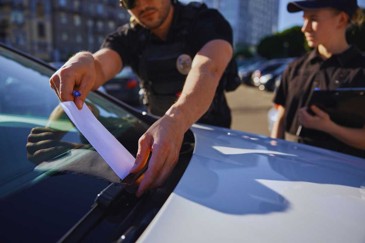 Agenti di polizia che posizionano multa sotto tergicristallo