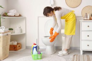 donna che pulisce wc