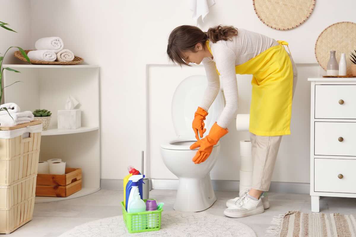 donna che pulisce wc
