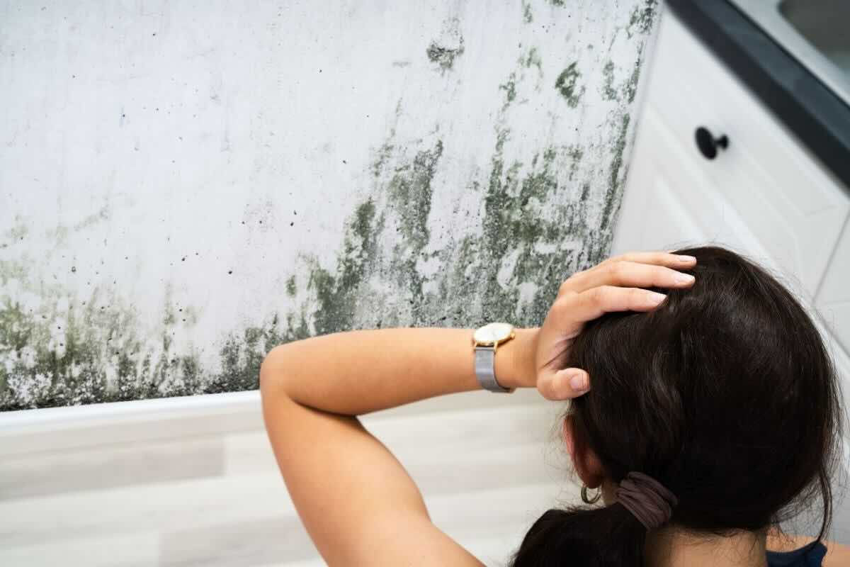 Donna mani nei capelli guarda muffa sulle pareti