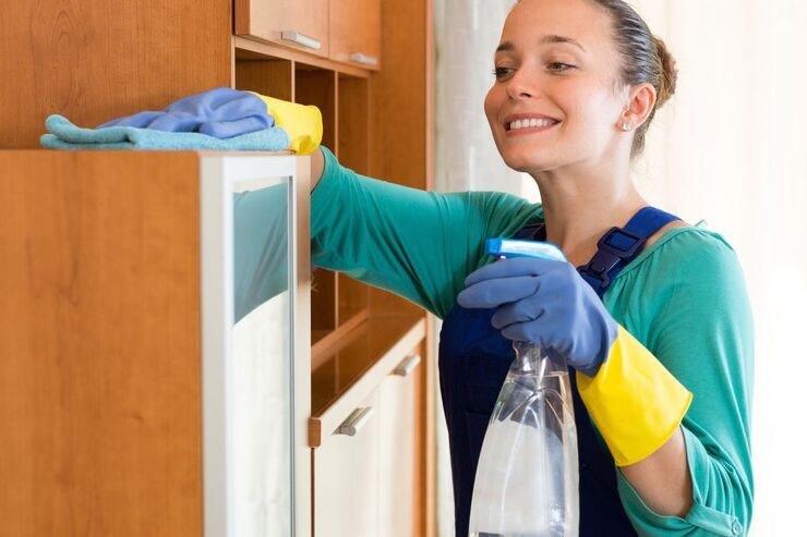 Donna pulisce mobile con panno microfibra e spruzzino 