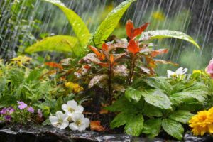 piante e fiori sotto la pioggia