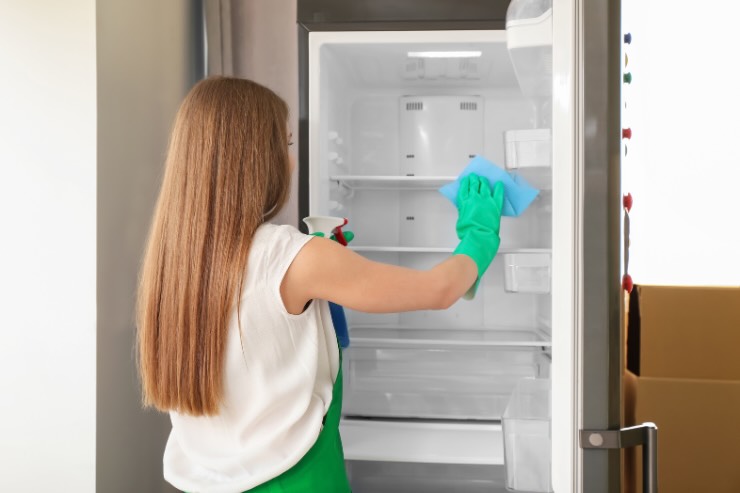 donna che pulisce frigo