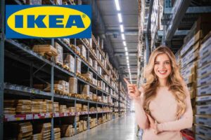 magazzino ikea, donna felice, logo ikea