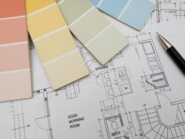 progettazione di una casa, planimetrie e tavolozze colori
