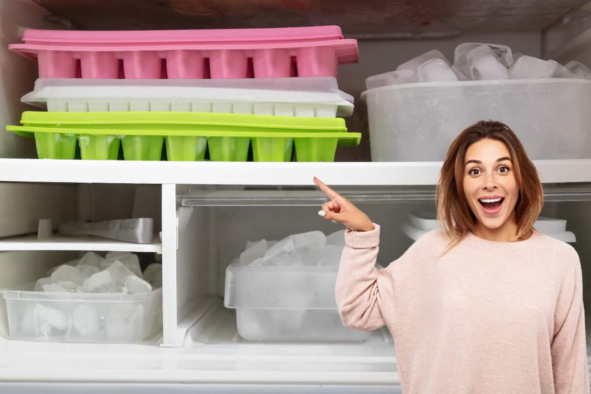 freezer, cubetti per il ghiaccio, donna che indica 