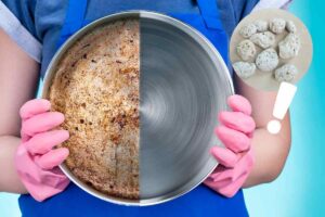 padella sporca e pulita in mano e pietre