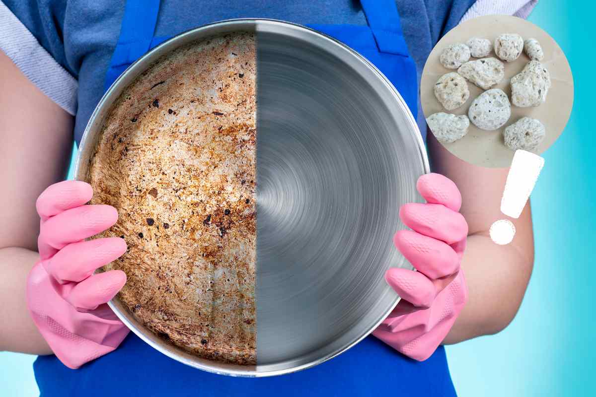 padella sporca e pulita in mano e pietre