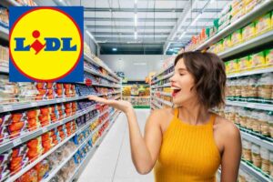 scaffali supermercato, donna felice, logo lidl