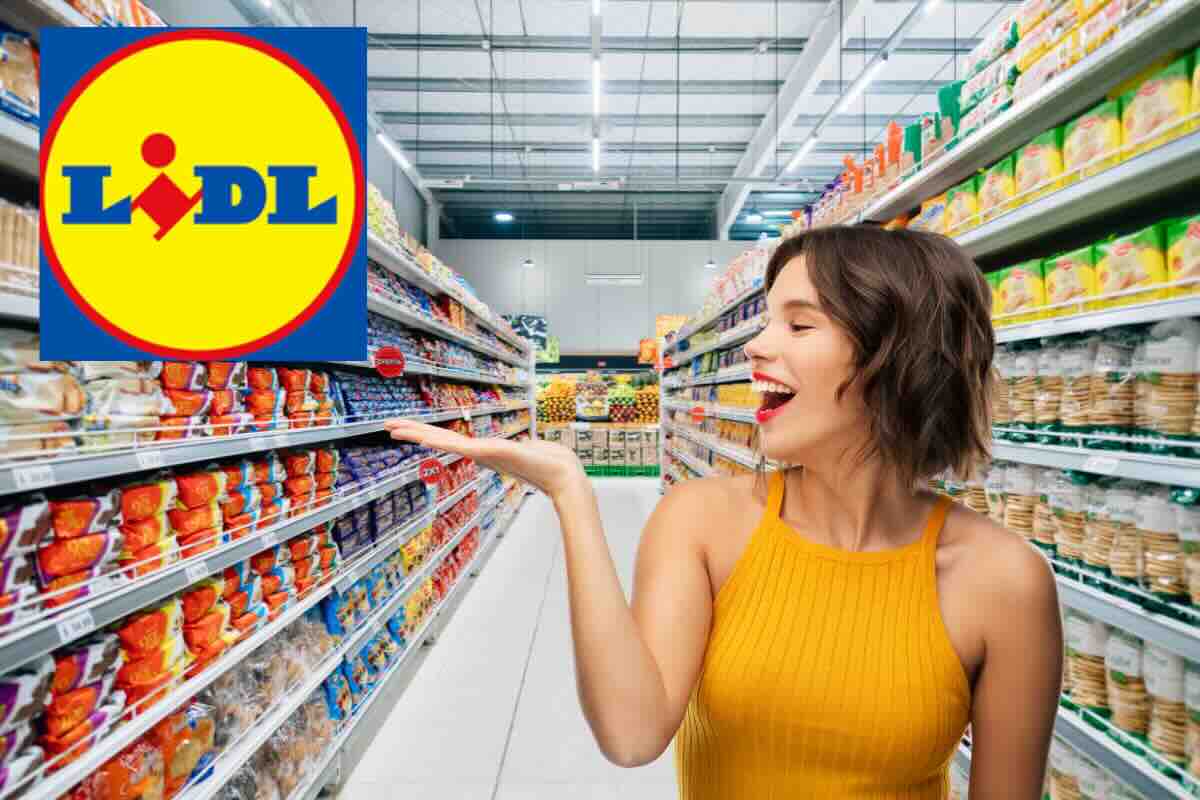 scaffali supermercato, donna felice, logo lidl